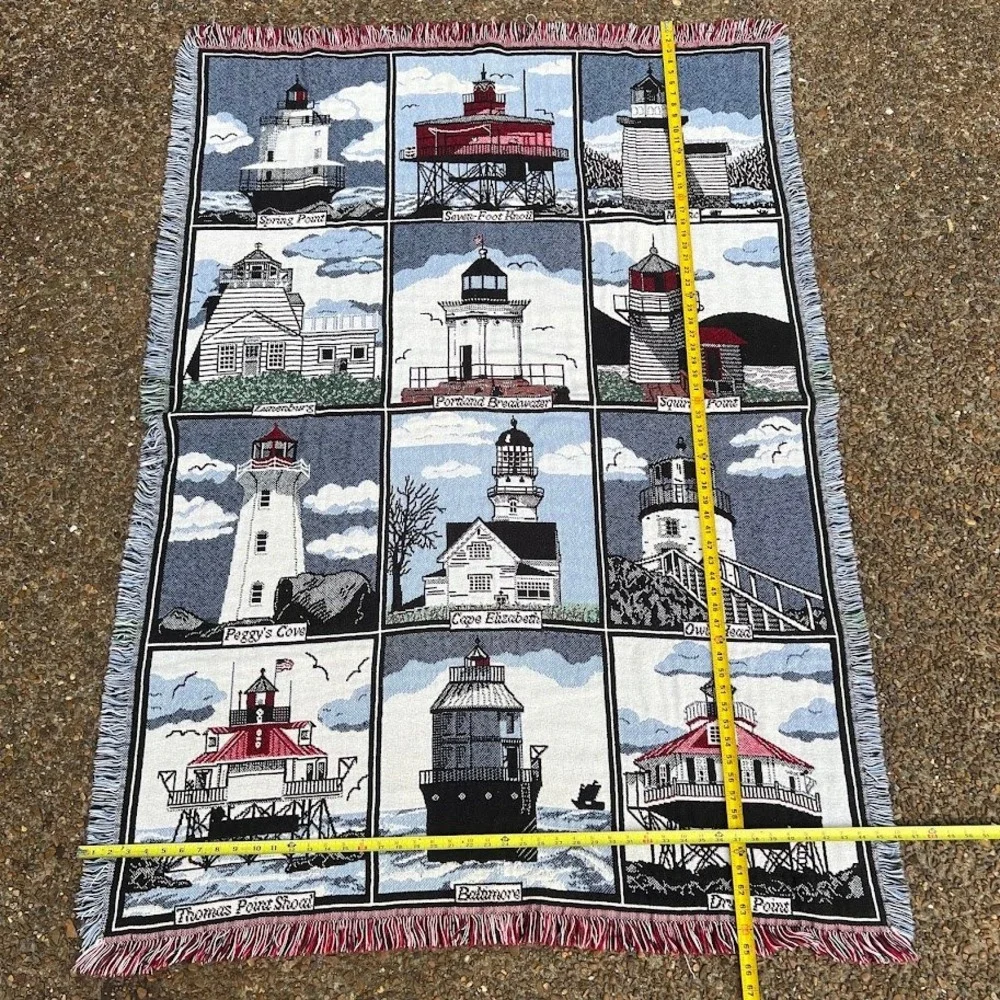 Crown Crafts Lighthouse Tapestry Blanket Woven Cotton Made in USA Nautical Throw